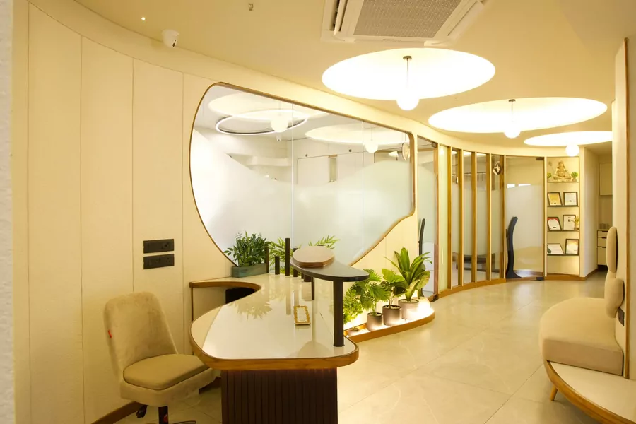 Reception desk and main clinic area at Aroma Dental Clinic
