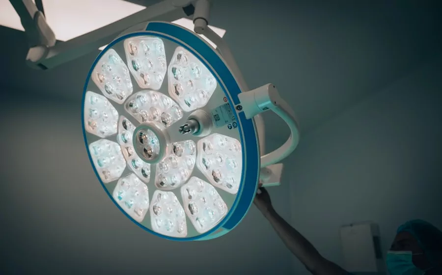 Overhead surgical light in the treatment suite